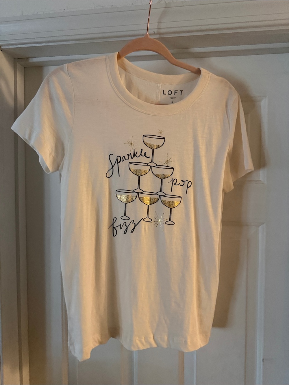 LOFT Cream Short Sleeve Tee with Gold Champagne Glass Graphic